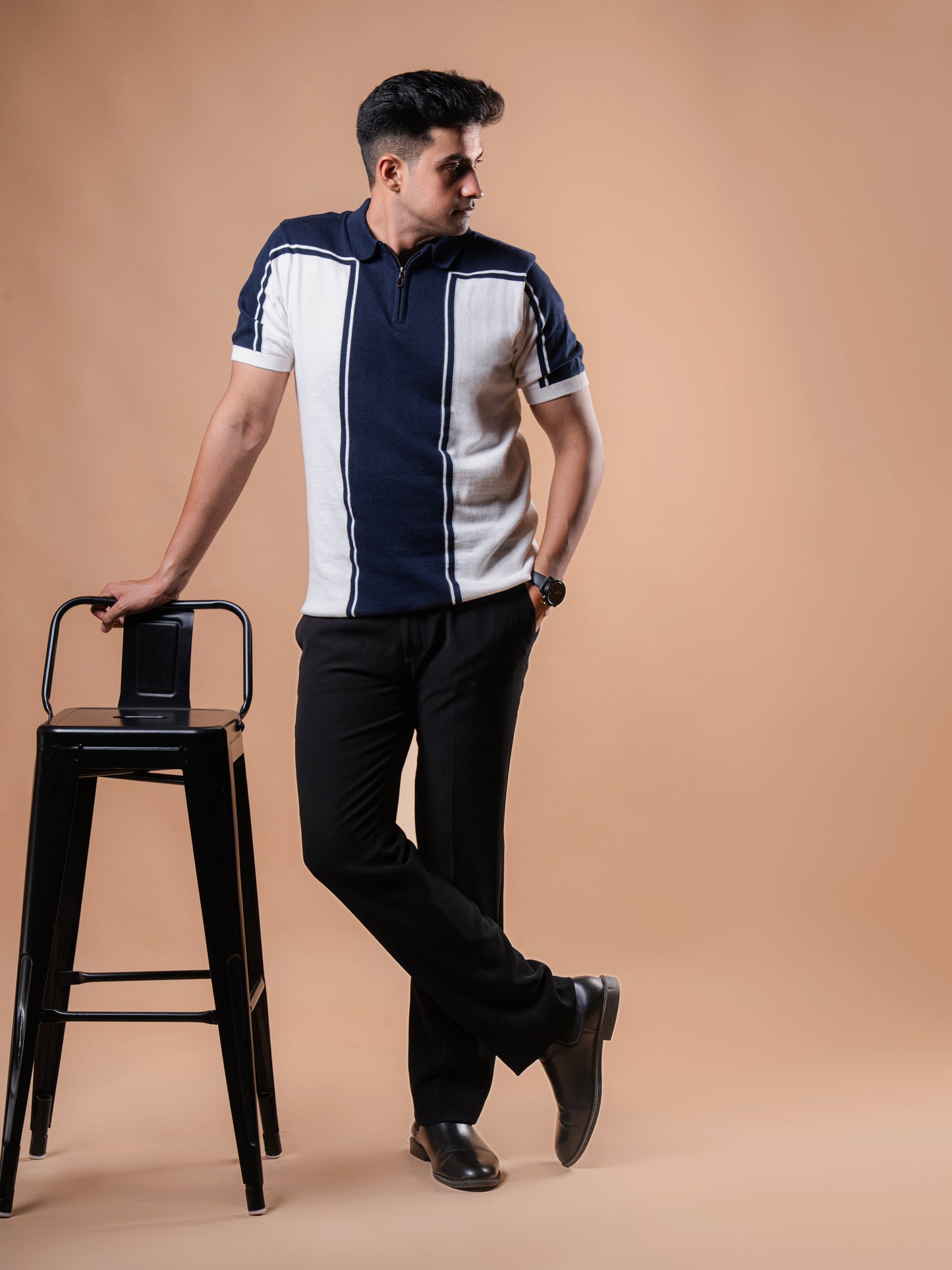 Blue and White Knitted Polo