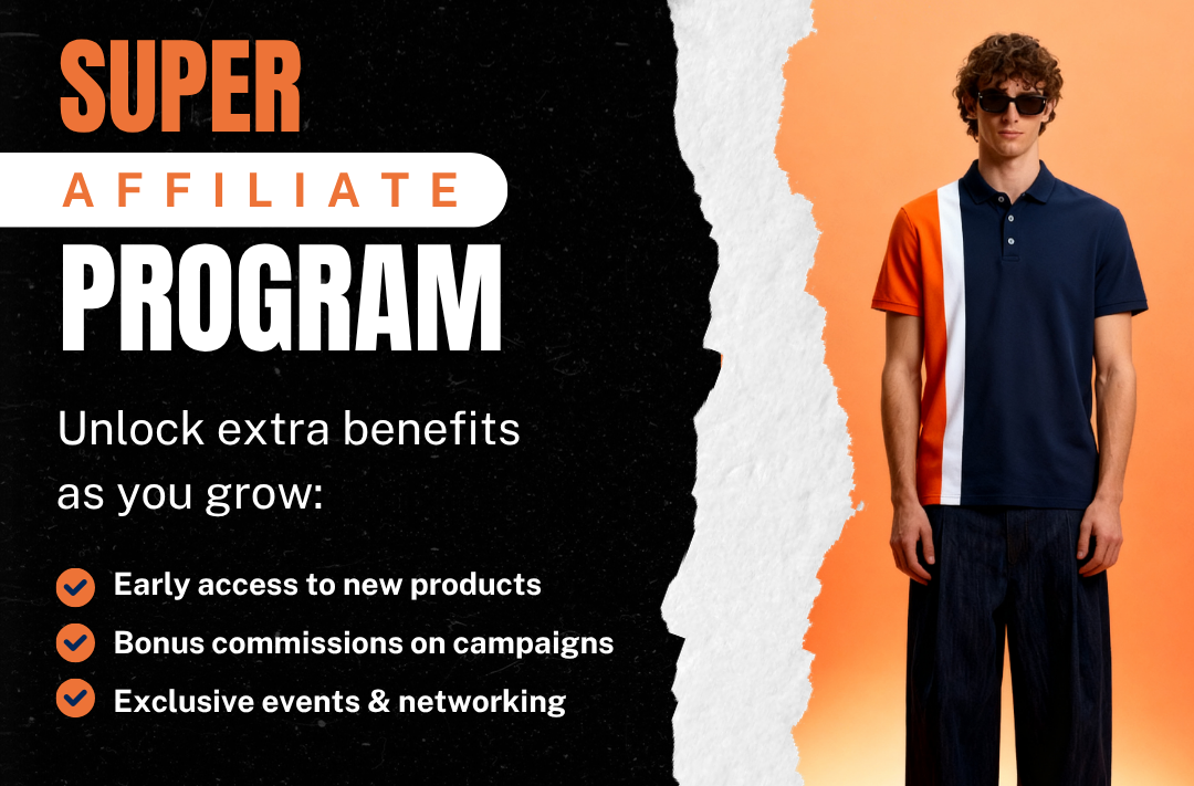 Person standing against an orange and black background with text about the Super Affiliate Program.