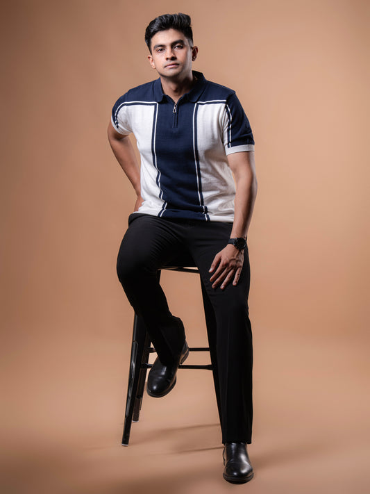 Blue and White Knitted Polo