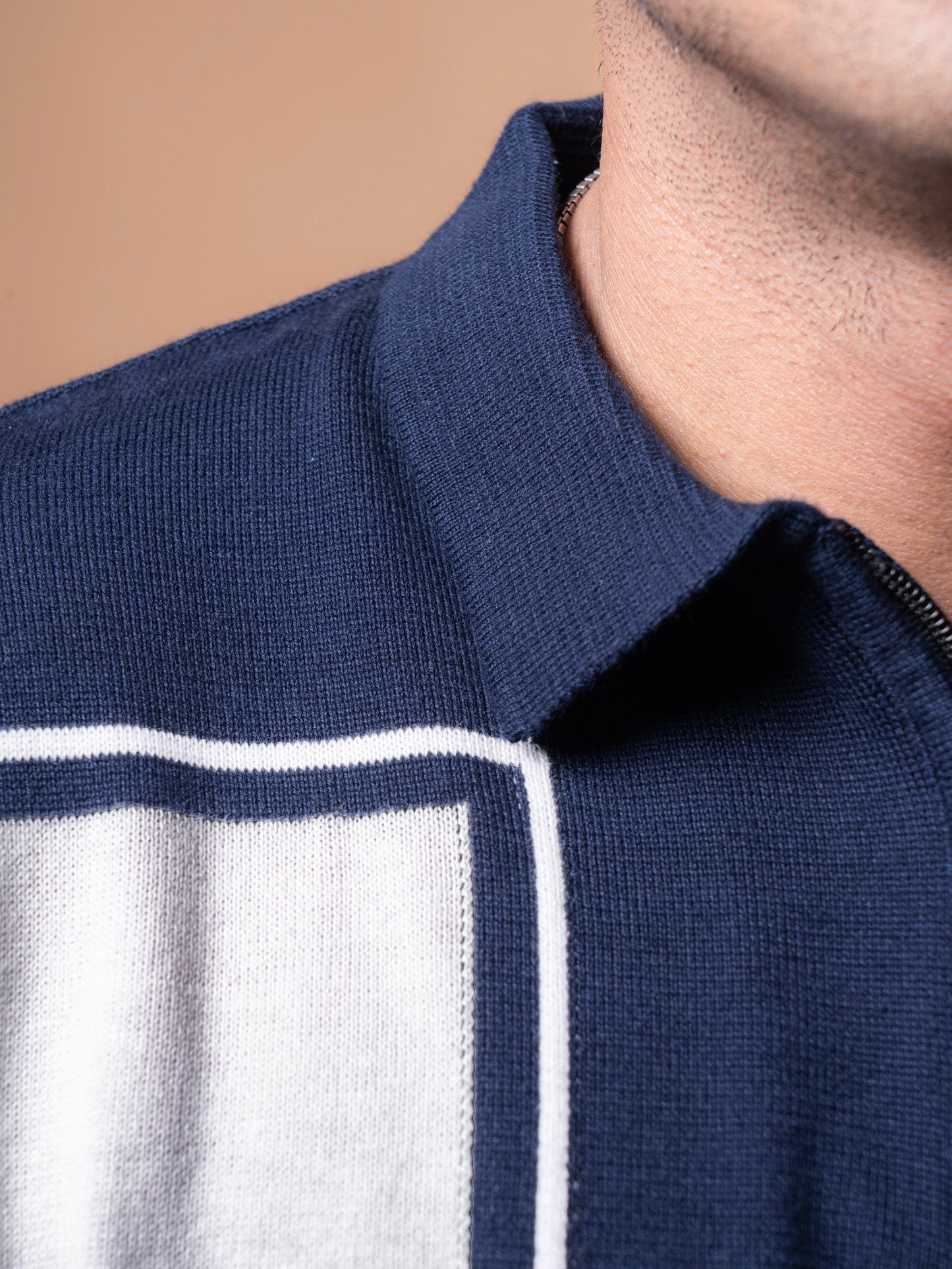 Blue and White Knitted Polo