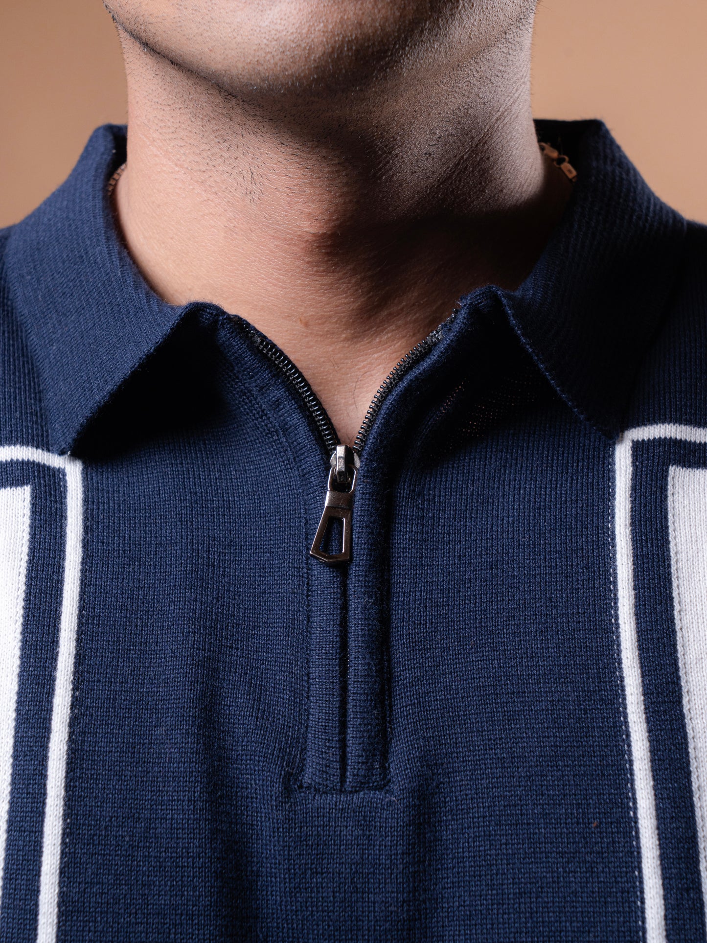 Blue and White Knitted Polo