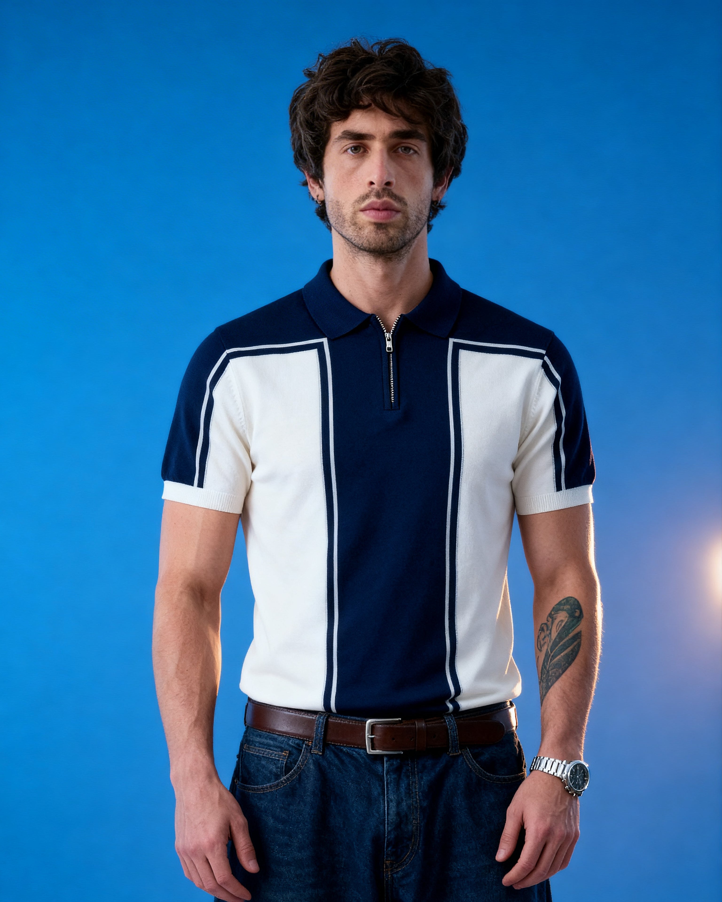 Blue and White Knitted Polo