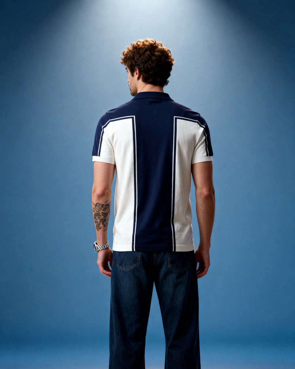 Blue and White Knitted Polo