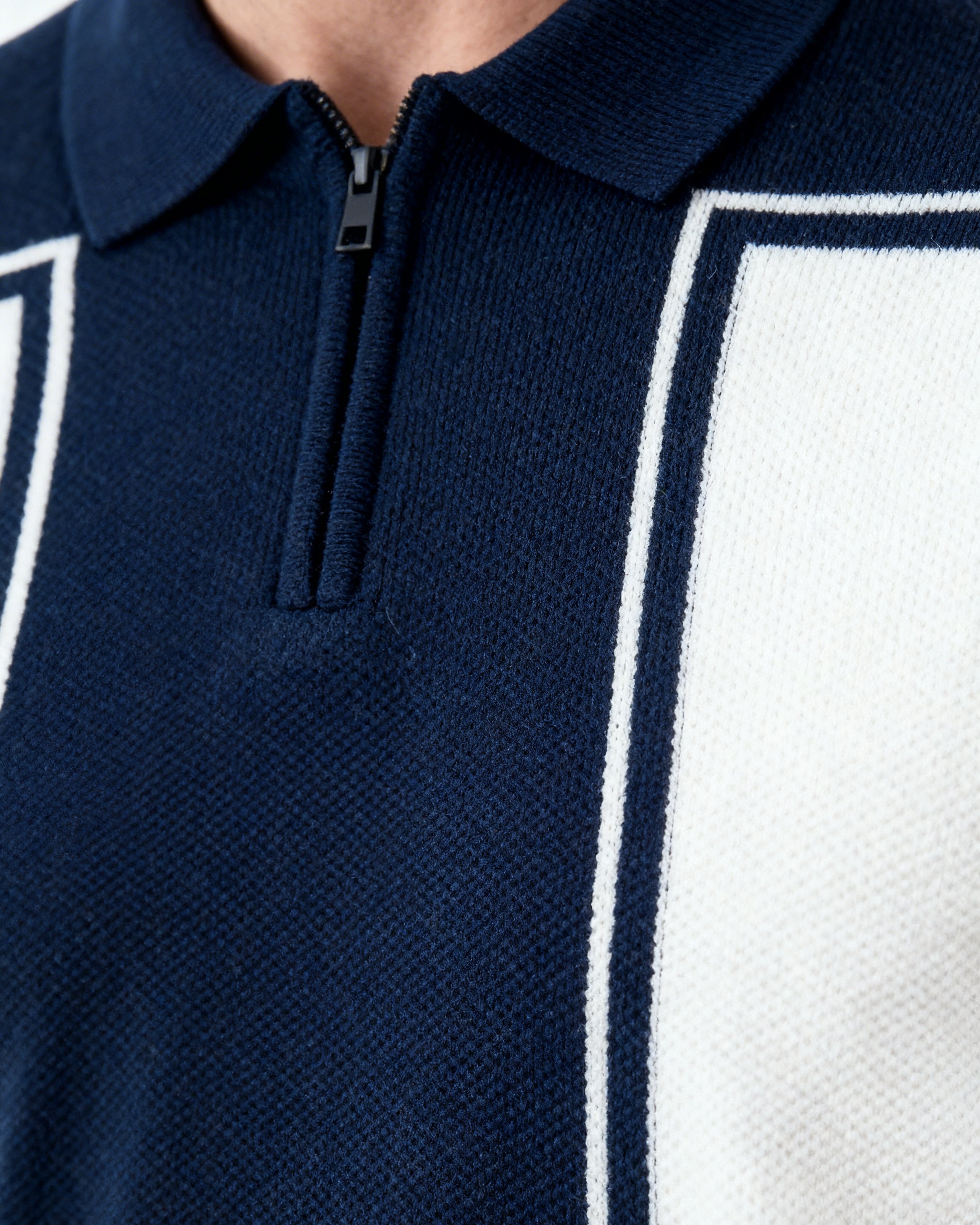Blue and White Knitted Polo