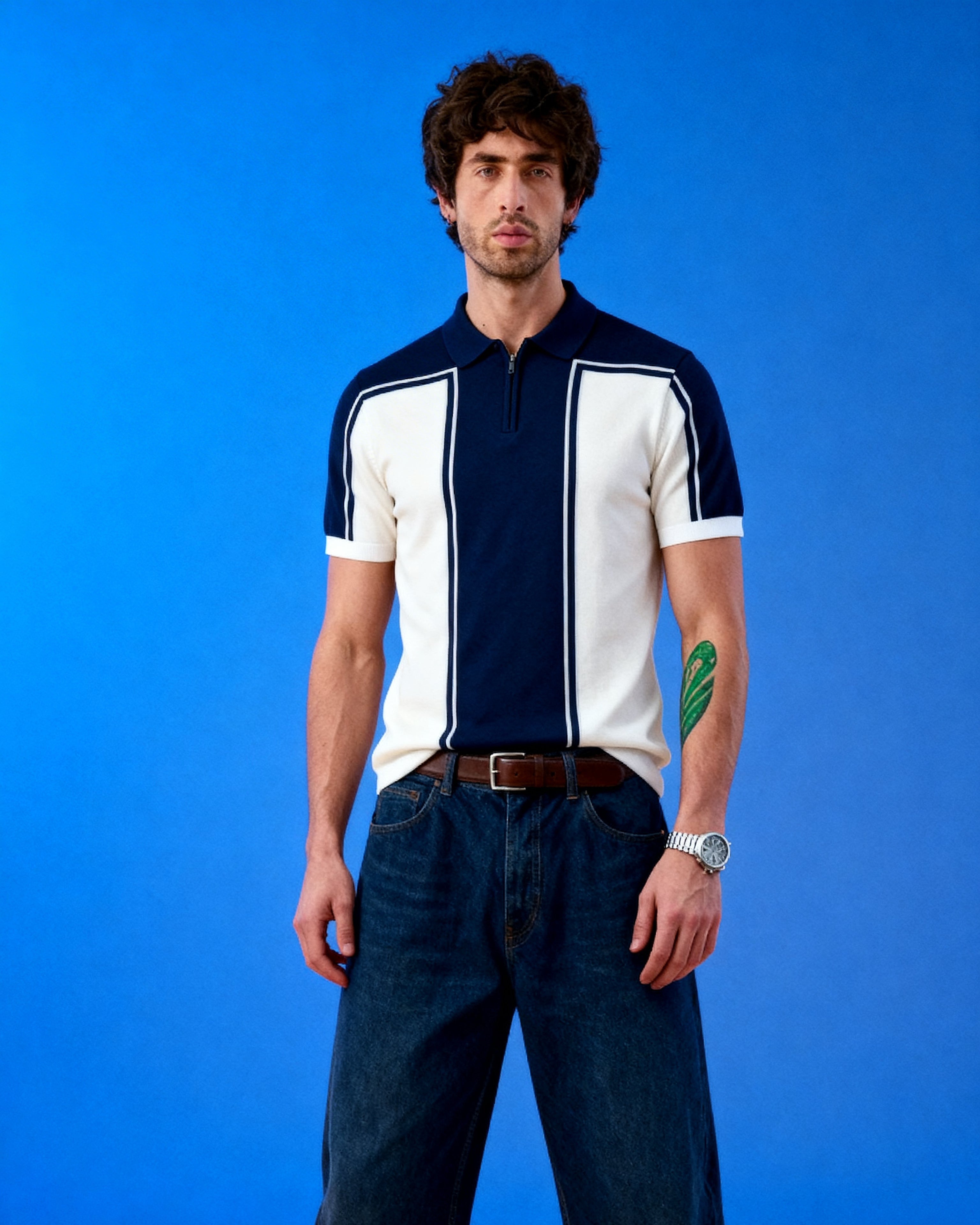 Blue and White Knitted Polo